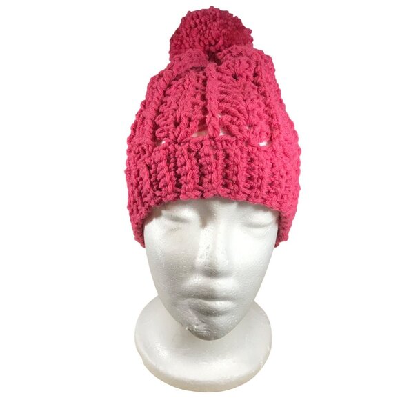 Winter Hat w/PomPom Handmade Crocheted Deep Pink By Donna L.Fits Head 18-22" - Picture 3 of 4